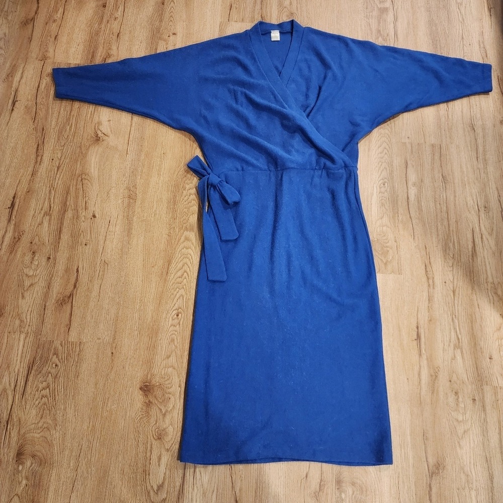 Italian Sapphire Blue Wool Angora Batwing Wrap Midi Sweater Dress Sz L Luxury